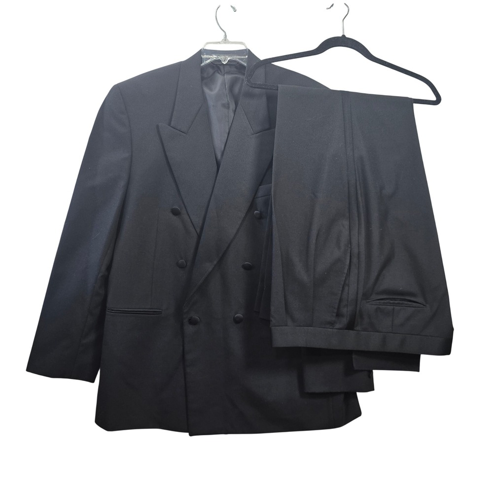Giannelli Mens Black Double Breasted Tuxedo Suit Wool Blend Size 44L Peak Lapel